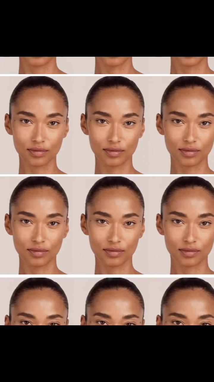 Grid of portraits of a woman with neutral makeup and slicked back hair, in a beauty product advertisement on a neutral background.