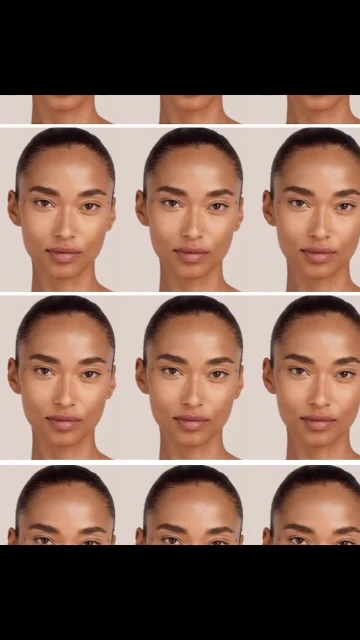 Grid of portraits of a woman with neutral makeup and slicked back hair, in a beauty product advertisement on a neutral background.