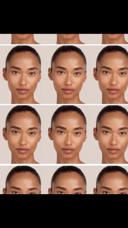Grid of portraits of a woman with neutral makeup and slicked back hair, in a beauty product advertisement on a neutral background.