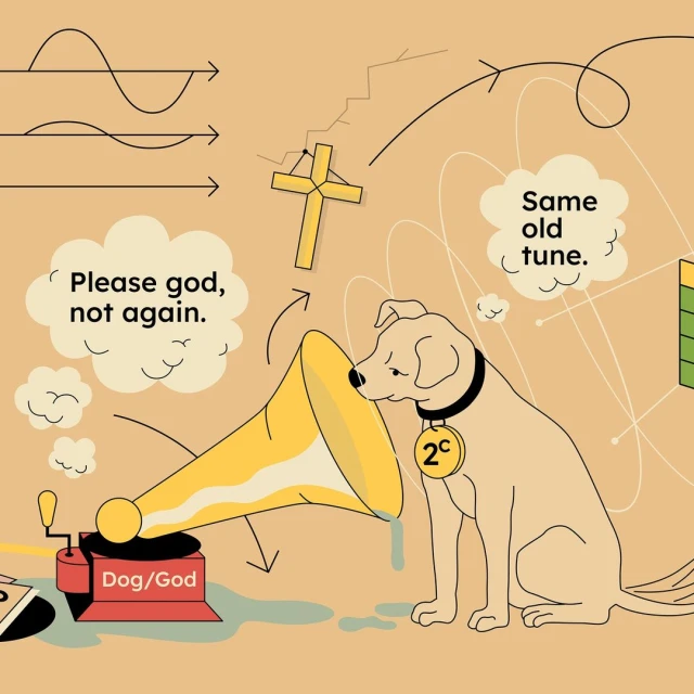 Stylized cartoon illustration of a dog looking at a gramophone with speech bubbles and religious symbols, on a tan background.