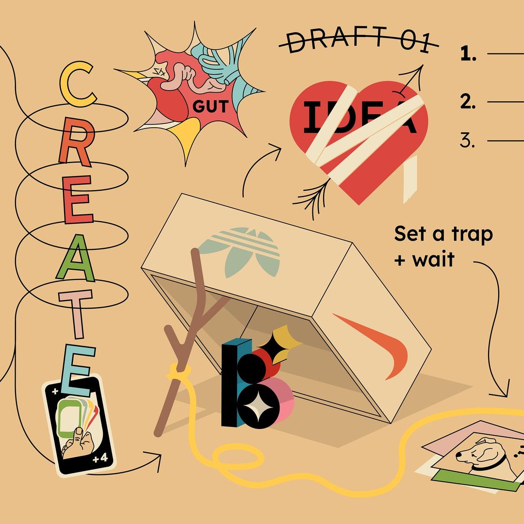 Illustration of a box trap with Adidas and Nike logos, with elements of artistic creation: heart idea, painted text and objects.