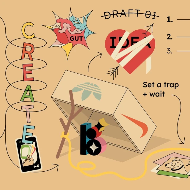 Illustration of a box trap with Adidas and Nike logos, with elements of artistic creation: heart idea, painted text and objects.