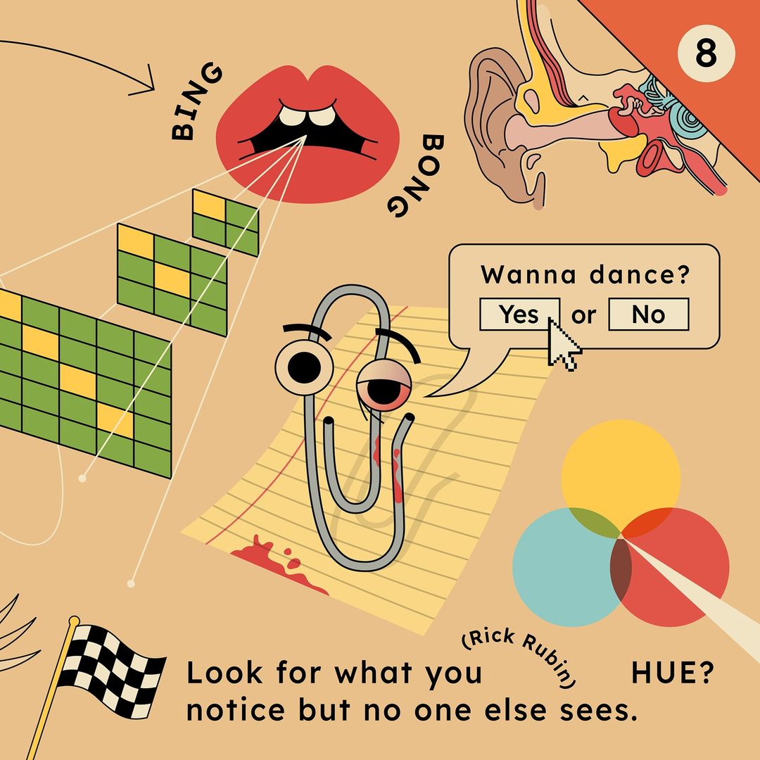 Illustration featuring an anthropomorphic paperclip, human ear cross-section, speech bubbles, and geometric patterns on a tan background.