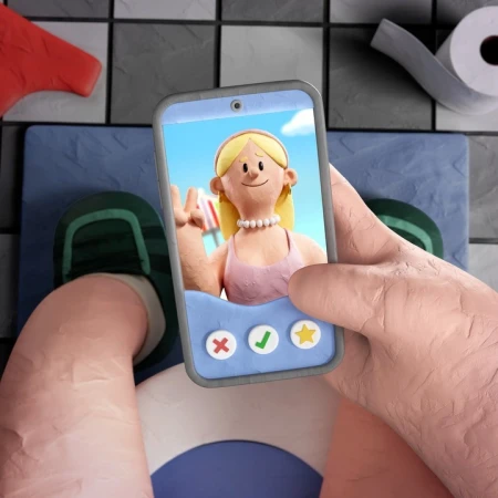 Claymation: Woman on smartphone dating app held by clay figure on toilet, visible toilet paper and black/grey tile in bathroom.