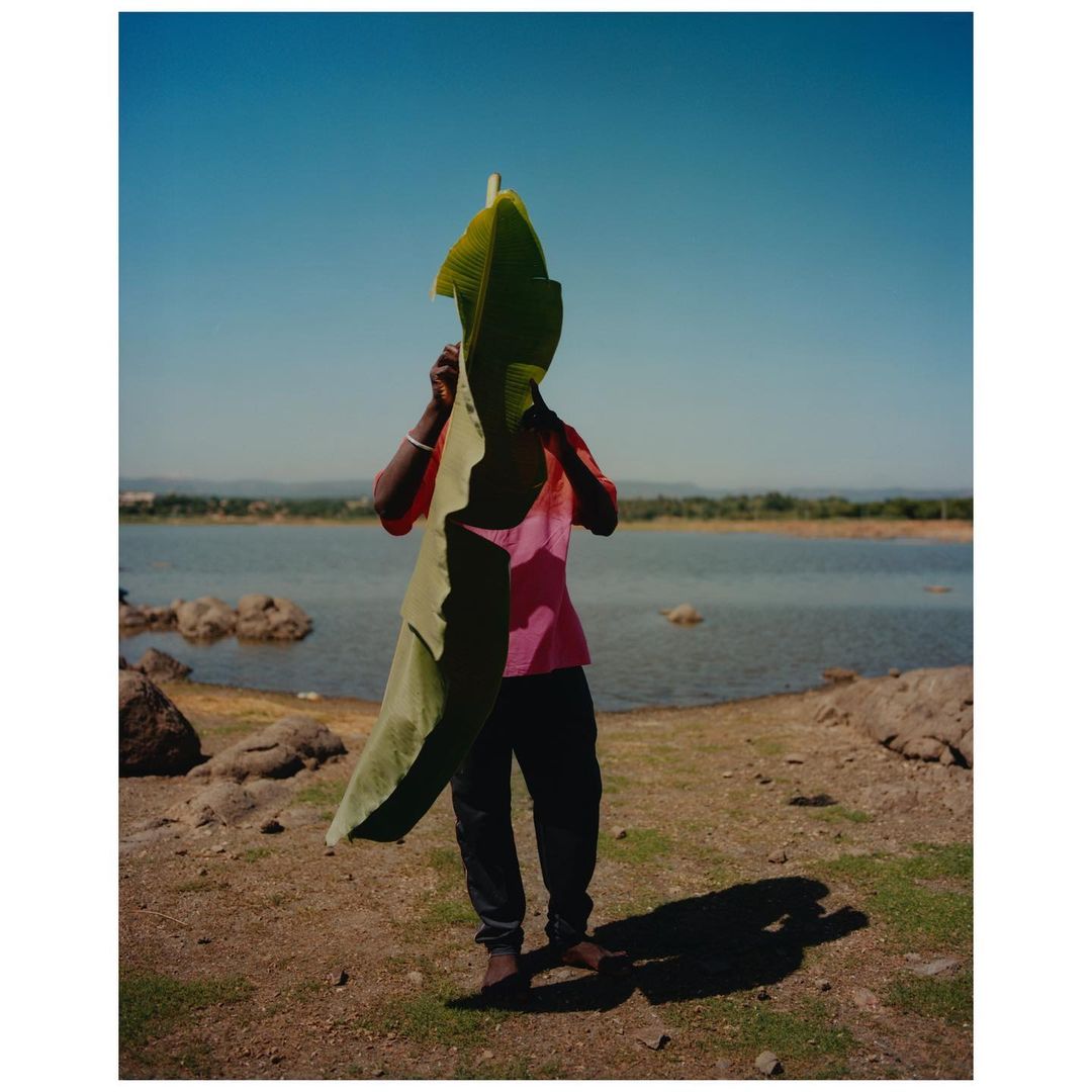 Person stands barefoot on a riverbank beneath a clear blue sky, holding a large green banana leaf up to conceal their face.