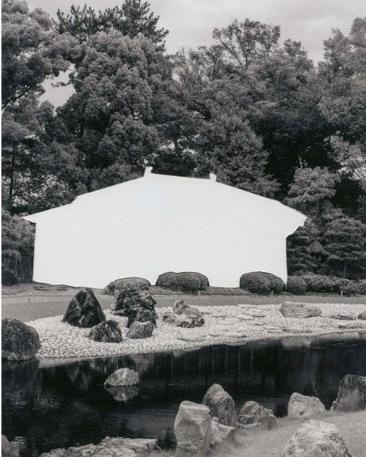 Monochrome photograph of white abstract facade with dark roof against trees in a landscape with rocks and water creating an artistic image.