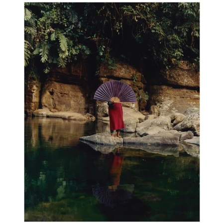 Person in red robe stands on river rocks with folded fan, reflected in water, surrounded by lush ferns and a rock cliff backdrop.