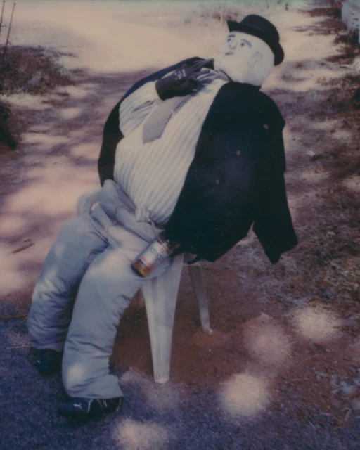 Mannequin seated on a chair outdoors wearing a suit and hat, holding a bottle, in a vintage-style photograph with faded colors.