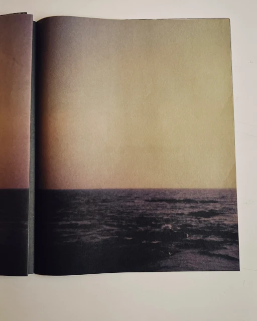 Atmospheric ocean and sky vista on a double-page spread, displaying dark ocean waves beneath a gradient sky in muted beige and brown tones.