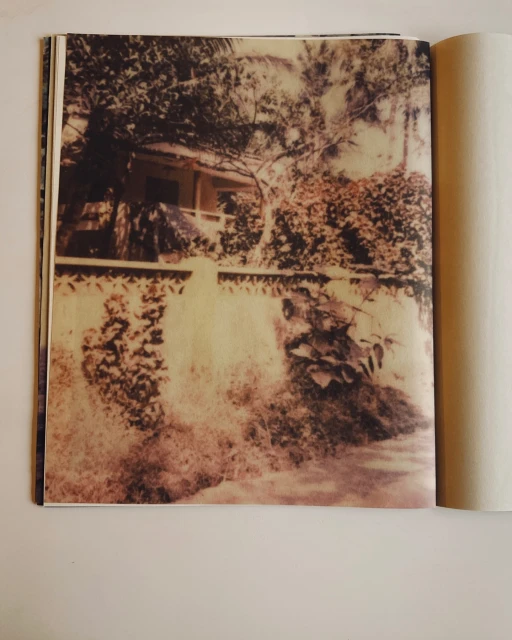 Photograph of a building taken through an open book, with trees and shrubbery surrounding the house in the background.