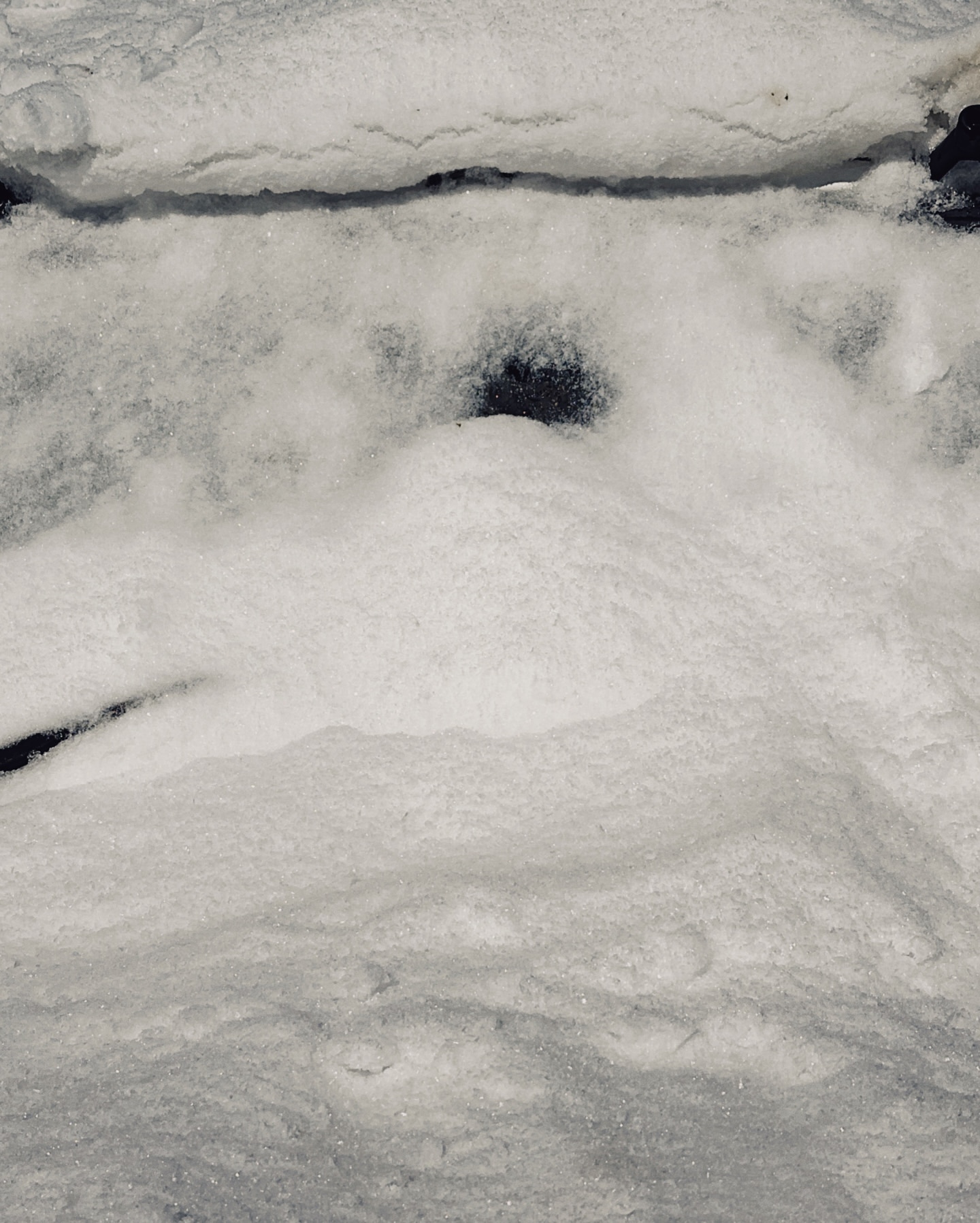 A textured abstract image featuring a predominantly white surface with patterns resembling snow or foam, against a dark background.