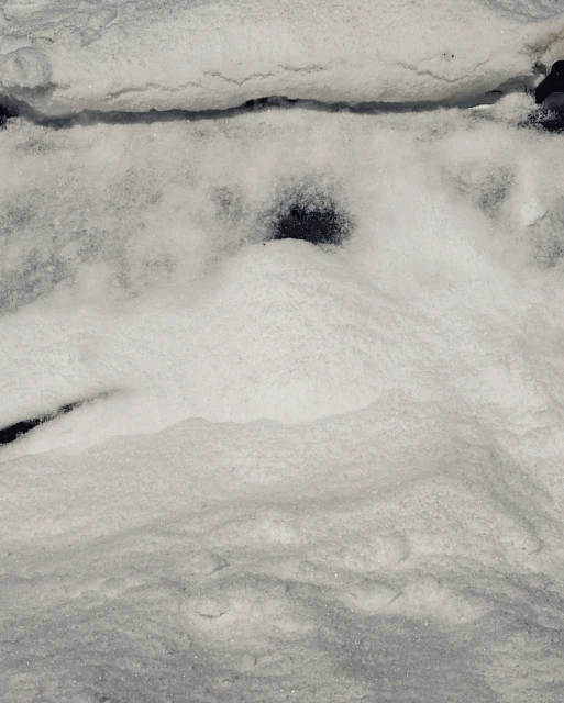 A textured abstract image featuring a predominantly white surface with patterns resembling snow or foam, against a dark background.