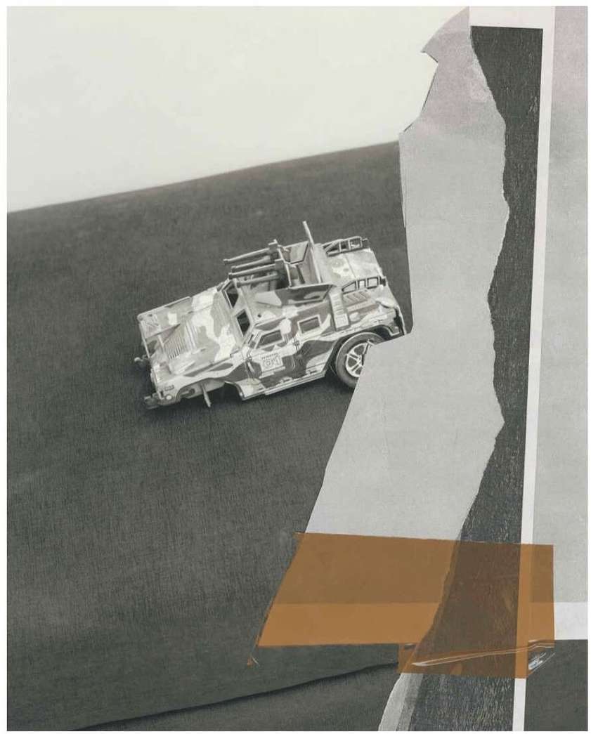 Collage art featuring a toy military vehicle on a gray surface, with torn paper and transparent tape in the background.