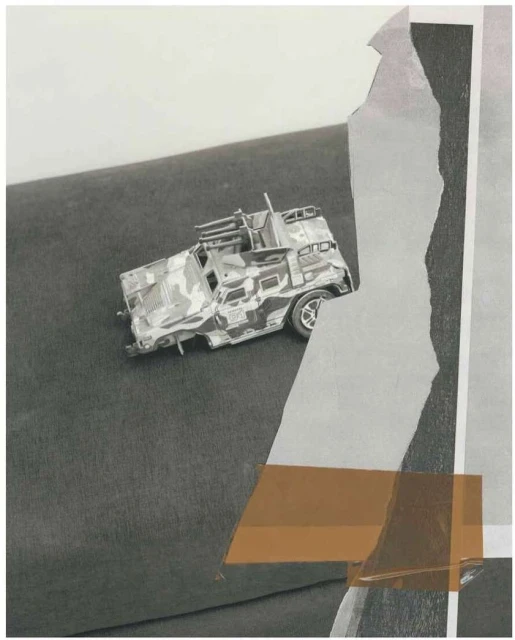 Collage art featuring a toy military vehicle on a gray surface, with torn paper and transparent tape in the background.