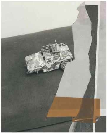 Collage art featuring a toy military vehicle on a gray surface, with torn paper and transparent tape in the background.