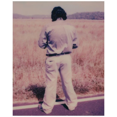 Back view of an adult in casual wear, standing on a road next to a field with distant trees beneath a clear sky on a sunny day.
