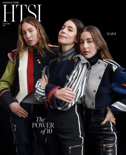 Three women wearing military-inspired fashion pose on the cover of Financial Times HTSI, December 2023 issue, against a black background.