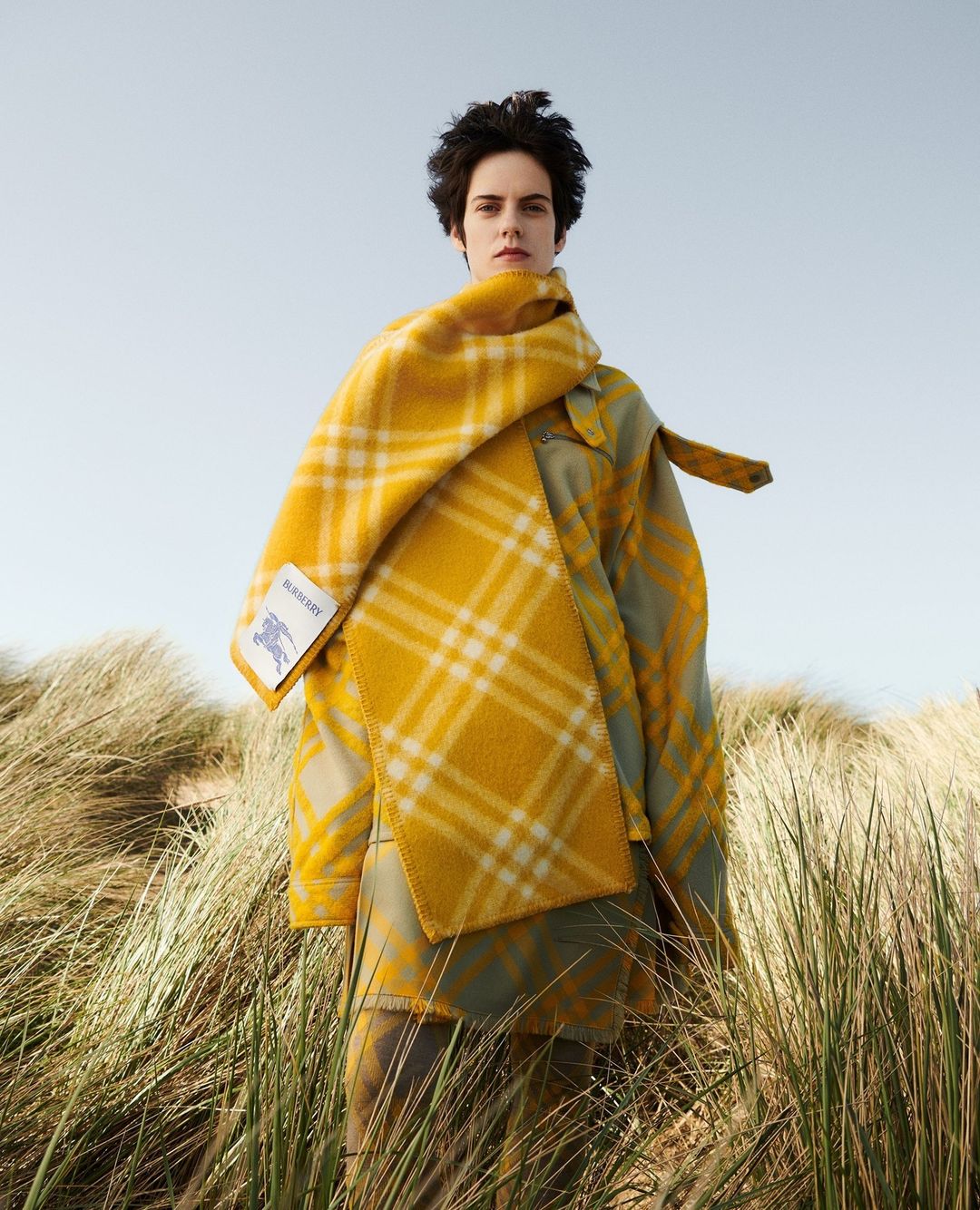 Fashionable person stands in a field of tall grass, wearing a yellow and white Burberry plaid scarf and light gray coat in natural light.