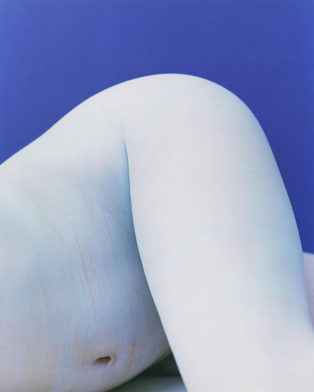 Close-up abstract photograph of a human body curve against a solid blue background