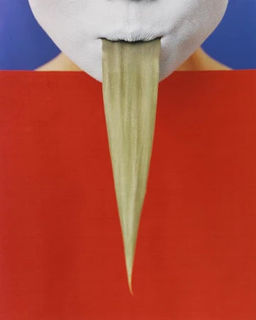 Abstract portrait of a person with white face paint and an elongated green tongue against a blue and red geometric background.