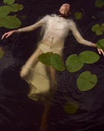 Model floating in dark water surrounded by lily pads wearing a translucent long sleeve shirt and skirt