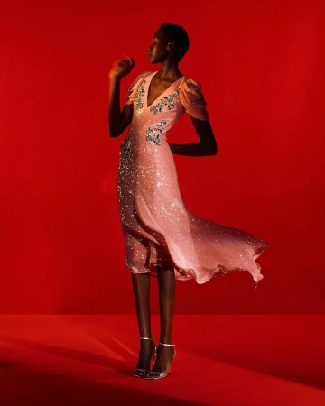 Black woman in a sparkly pink dress with puffed sleeves posing against a solid red studio background by Bjarne X Takata