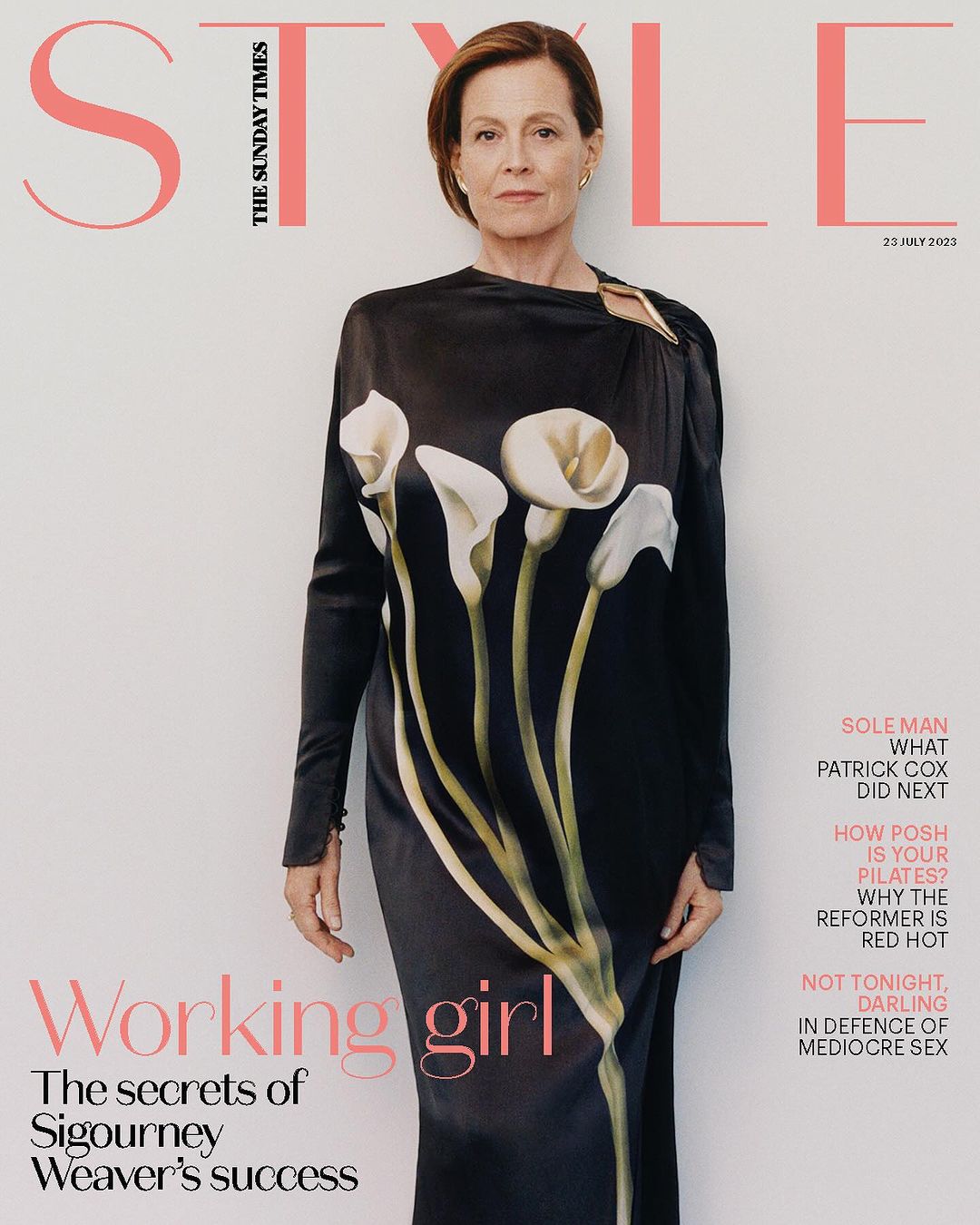 Magazine cover featuring Sigourney Weaver in a black floral dress, standing against a light backdrop, with 'Style' masthead.