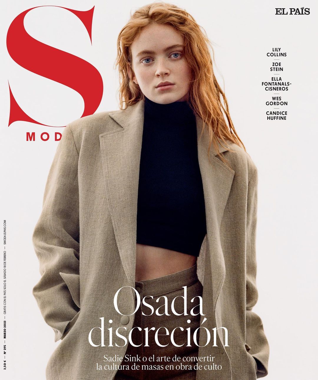 Sadie Sink on magazine cover wearing a beige blazer and black top, set against a bright background with magazine text and logo.