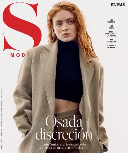 Sadie Sink on magazine cover wearing a beige blazer and black top, set against a bright background with magazine text and logo.