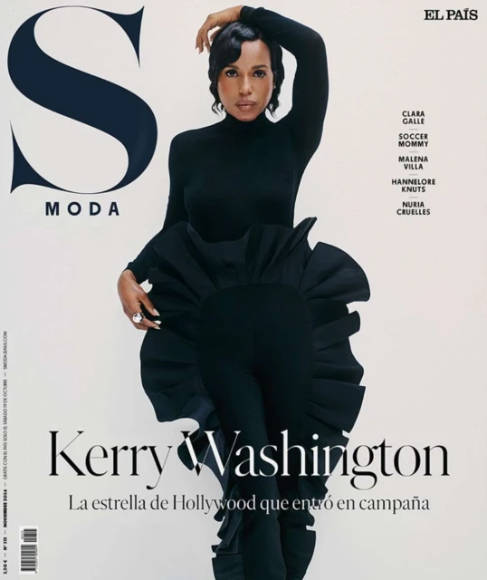 Magazine cover featuring Kerry Washington in a black outfit with ruffles, posing against a light background. 'El País' and 'S Moda' are visible.