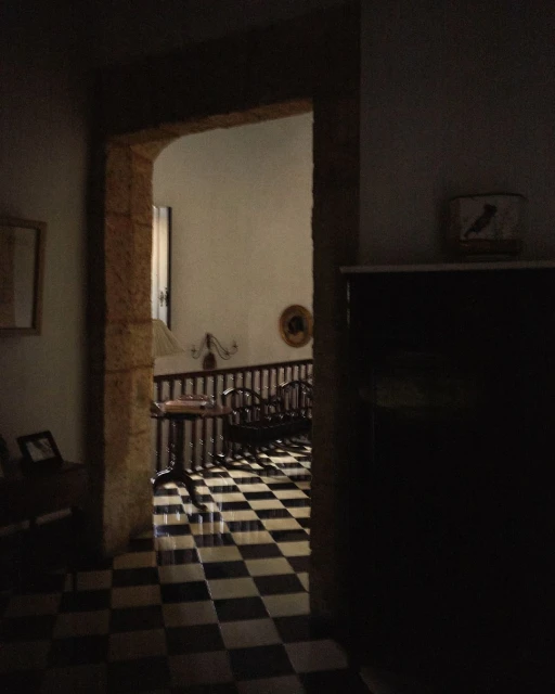 Interior view through arched doorway featuring black-and-white checkered tile flooring, wooden railing, table, and hints of natural light.
