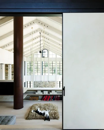 An interior view showcasing a black and white dog lying on a rug, inside of a modern home with hardwood floors and large windows.