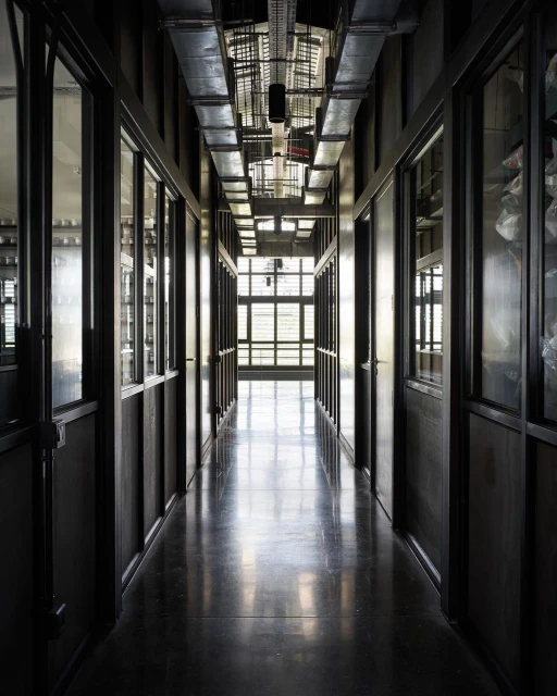 A long indoor corridor with windows, doors, and metal pipes running across the ceiling. The perspective is straight down the hall.