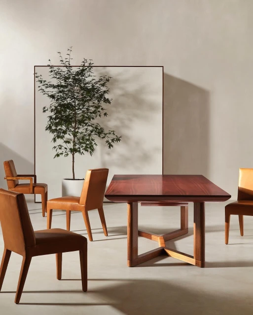 Interior design featuring a rectangular wood table surrounded by four chairs with a potted tree and minimalist backdrop.
