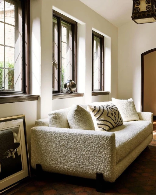 Living room interior with a cream-colored bouclé sofa, decorative throw pillows, adjacent to large windows, and a framed picture.