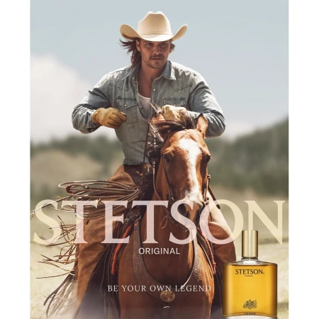 Stetson cologne advertisement featuring a man in cowboy hat on a horse with a cologne bottle on the bottom right.