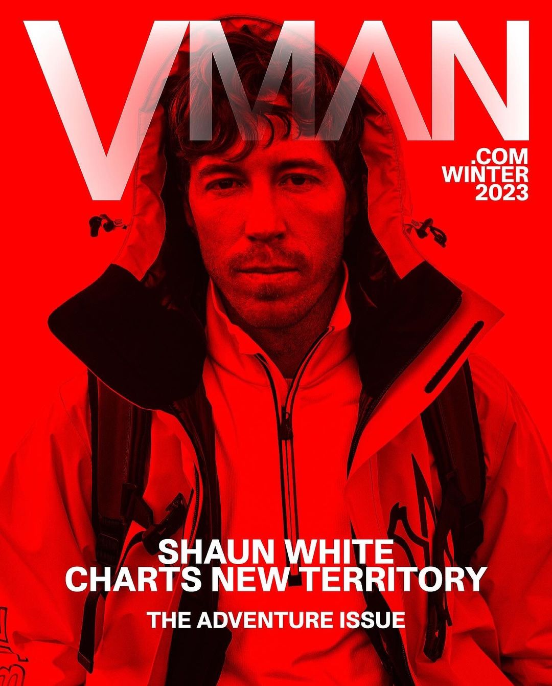 VMan magazine cover featuring a portrait of Shaun White in a hooded jacket against a bold red background, Winter 2023 Adventure Issue.