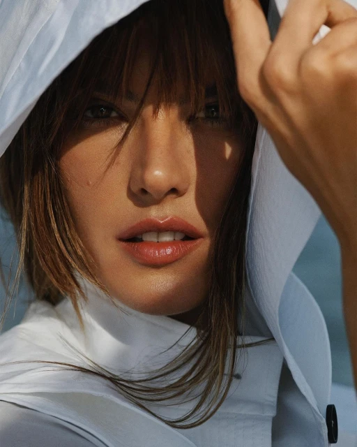 Close-up portrait of an adult woman with brown hair and light skin wearing a white hooded jacket, under soft, diffused natural lighting.