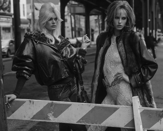 Two women pose in monochrome outdoor fashion shot. One in fur coat over a lace catsuit, the other in a leather jacket and pants.