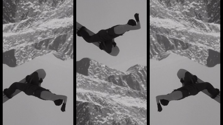A snowboarder catches air mid-jump against a monochrome mountain backdrop, captured in a triptych-style composition.
