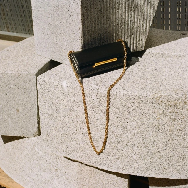 Elegant black purse with a gold chain strap, displayed against a backdrop of gray concrete blocks on a sunny day.