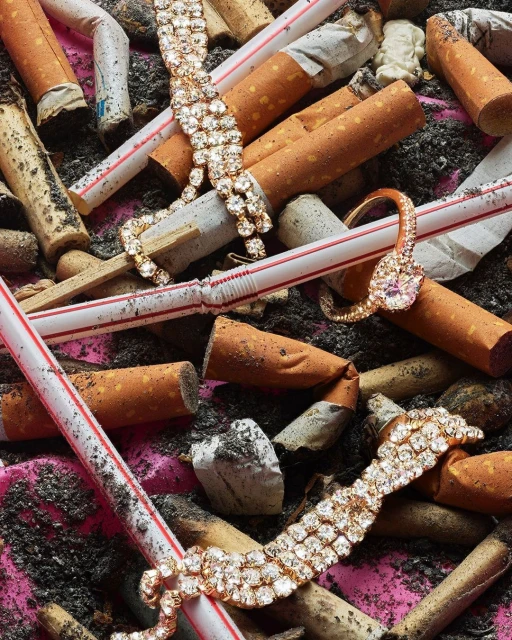 Scattered diamond bracelets and a ring amidst discarded cigarette butts and drinking straws on a wrinkled pink surface.