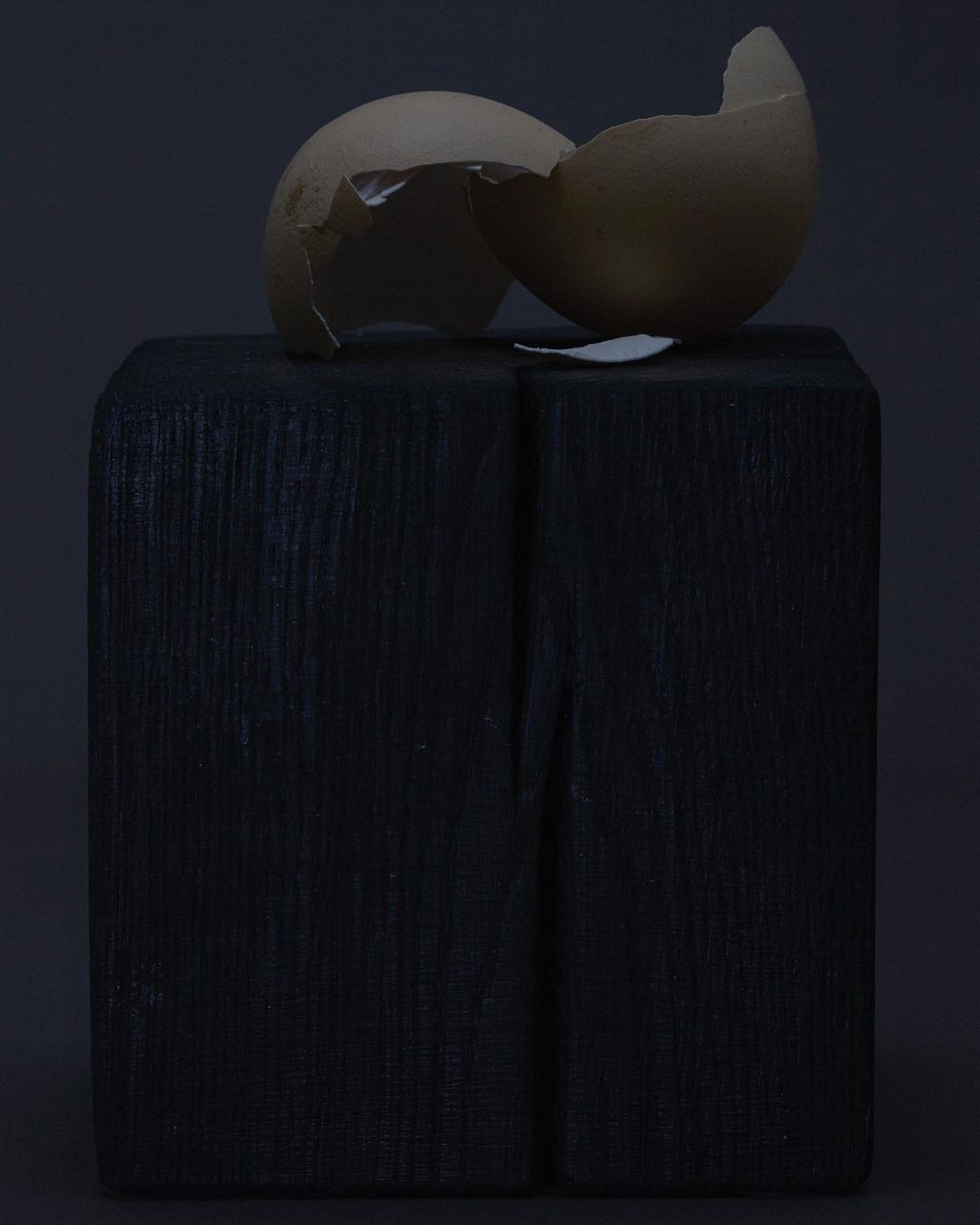 Cracked eggshell sits on a black wooden block in a studio setting with a dark background, creating a still life composition.