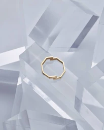 Geometric gold ring resting among translucent angular acrylic blocks in a studio setting