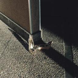 High-heeled embellished shoes resting on textured stone pavement near a concrete pillar.