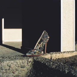 Close-up shot of an ornate jeweled high-heeled shoe resting on a pebbled stone ledge with architectural elements in the background.