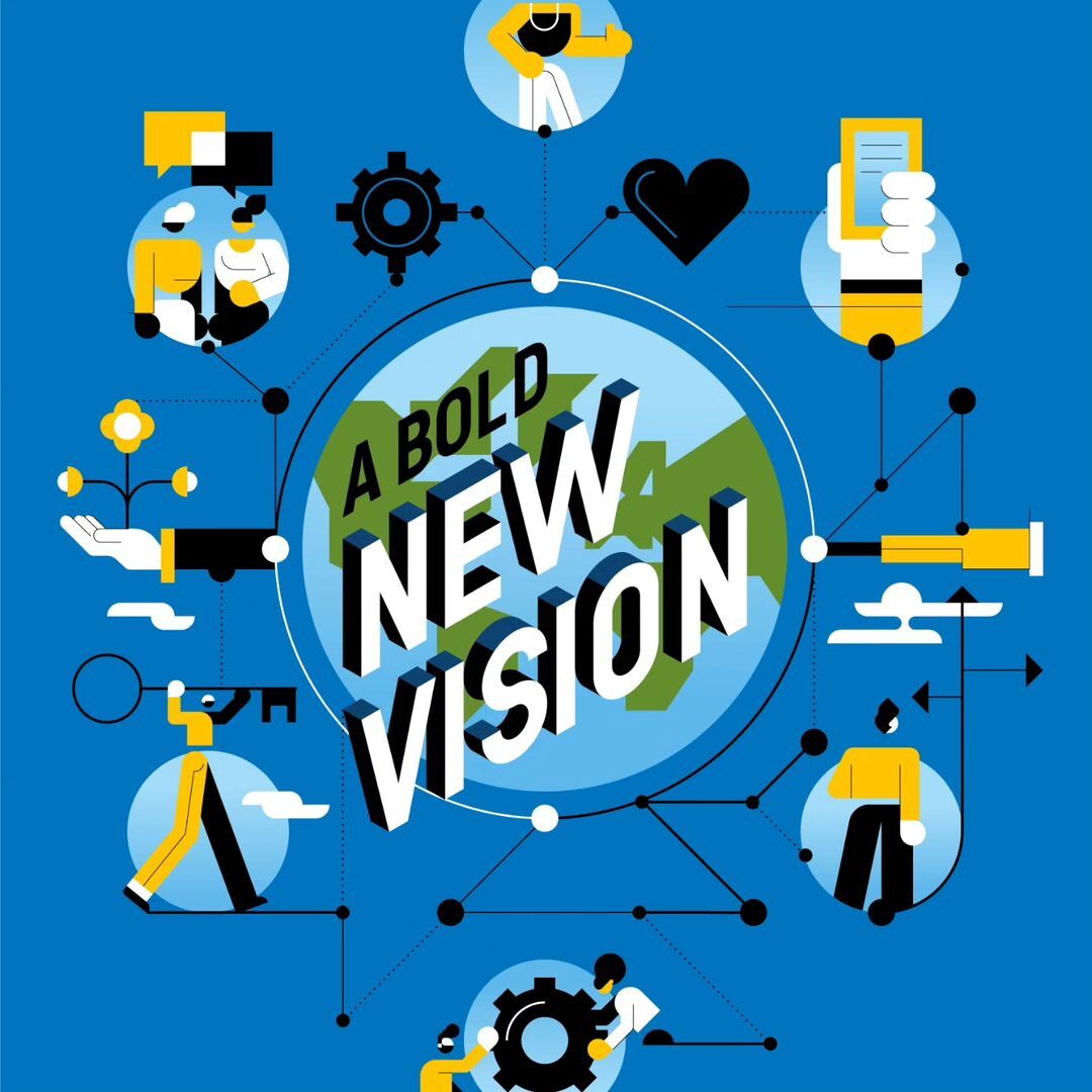 Bold new vision graphic design with human figures, Earth depiction, and geometric shapes on a blue background in digital illustration.