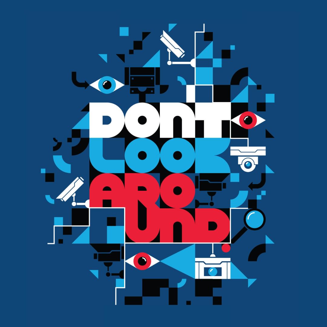 Geometric vector art with security camera icons, eyes, and a magnifying glass in blue, white, and red against a dark blue background.