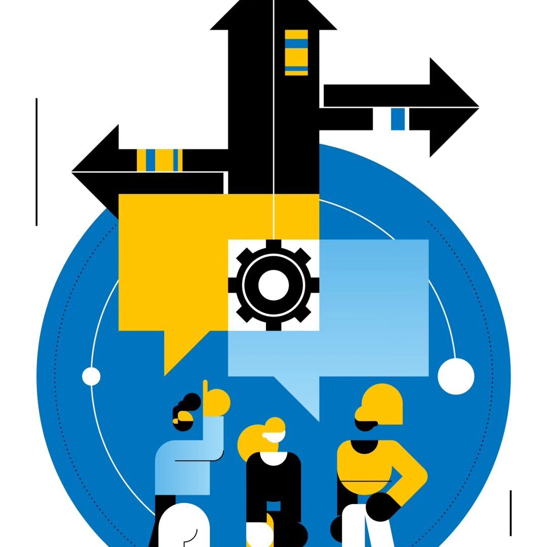 Abstract graphic illustration featuring three stylized figures, speech bubbles, direction arrows, and a gear icon, set against a blue circle.