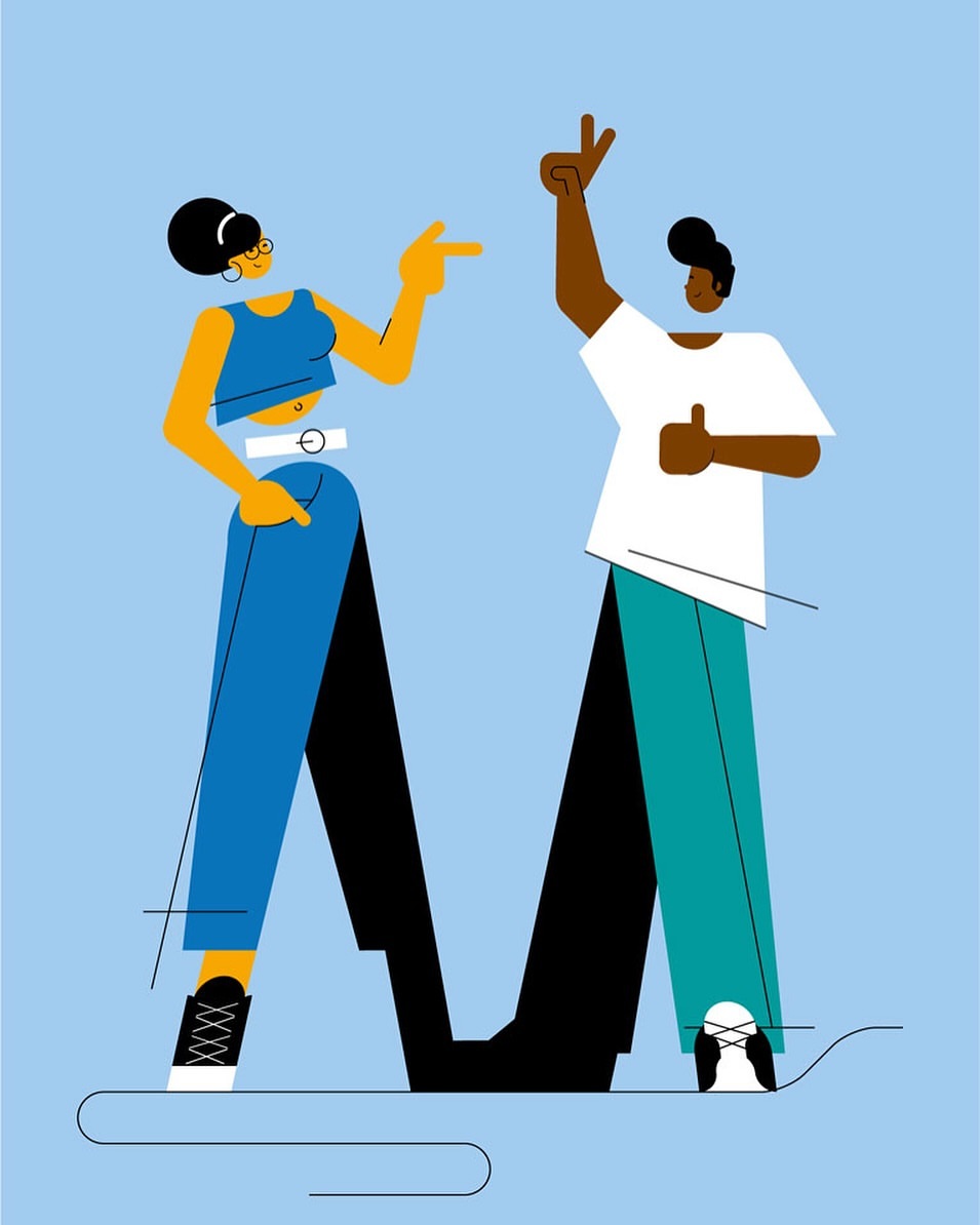 Illustration of a light-skinned woman pointing and a dark-skinned man holding up a peace sign and giving a thumbs up against a blue background.
